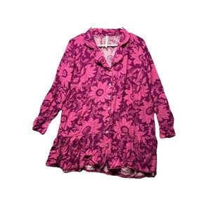 By Anthropologie Floral Button Up Top Blouse Size M Collar Ruffle Pink